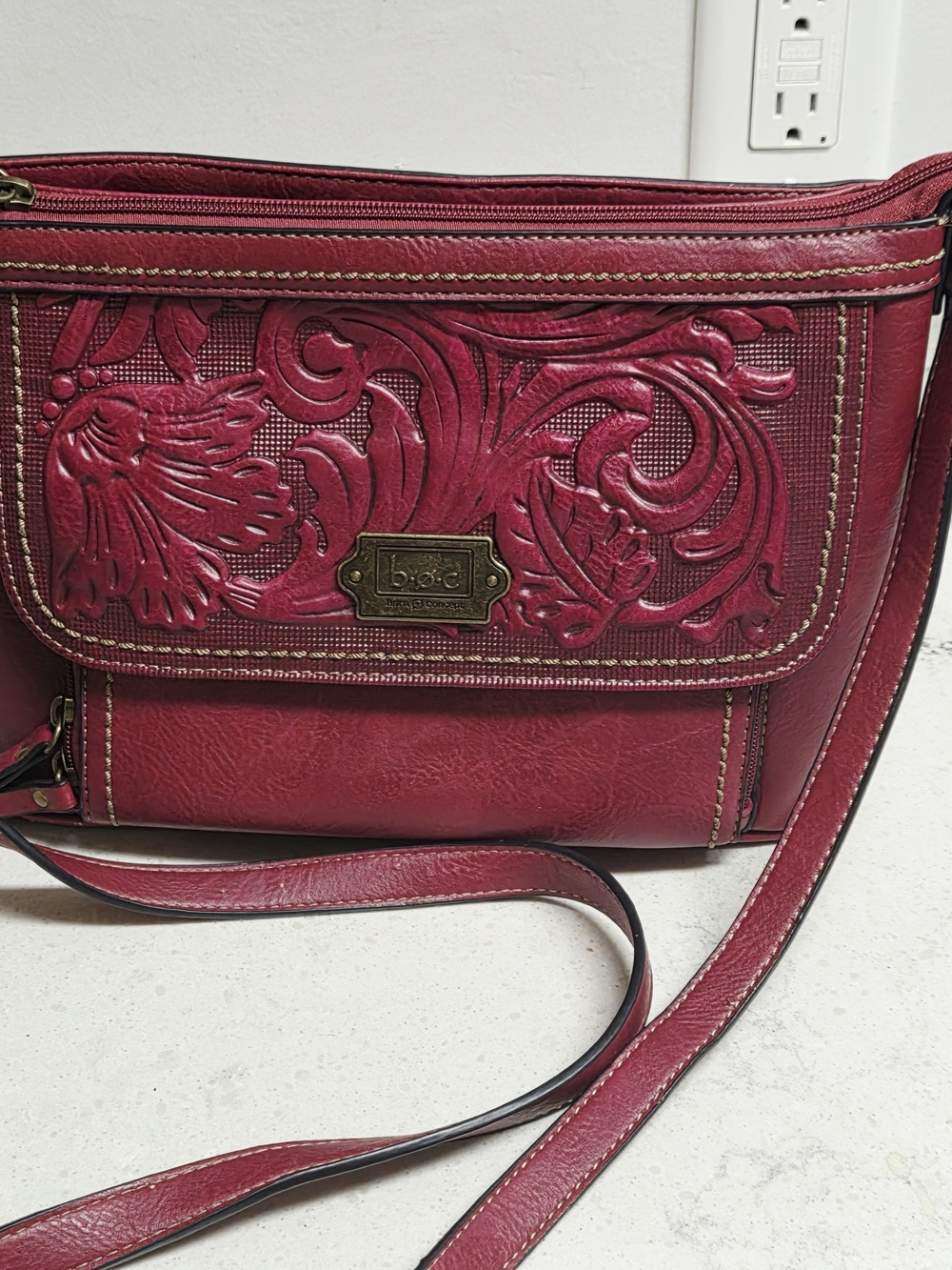 b.o.c. Floral Tooled Crossbody Bag in Deep Red